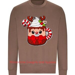 Hanes Brown Sweater with Festive Mug Reindeer chenille appliqué patch